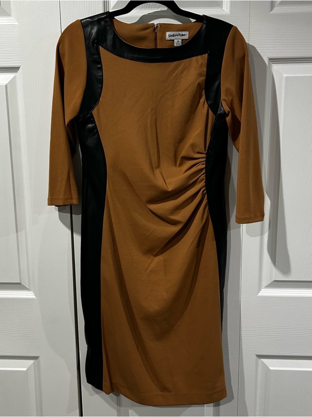 Shelby & Palmer Rust Brown & Black Faux Leather Sheath Dress